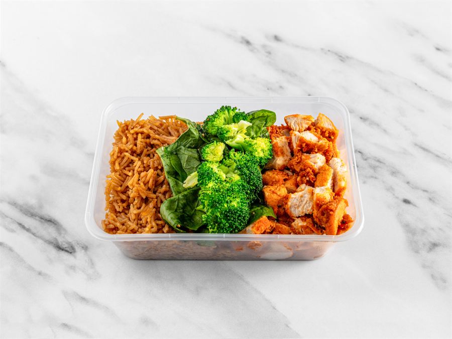 Spicy char chicken with pilau rice, broccoli and spinach