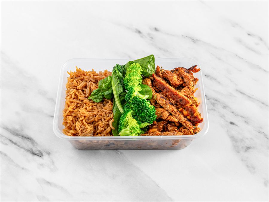 Chicken fajita with pilau rice, broccoli and spinach