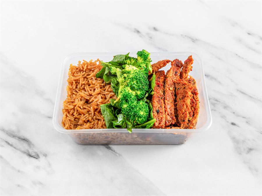 Chicken kebab with pilau rice, broccoli and spinach