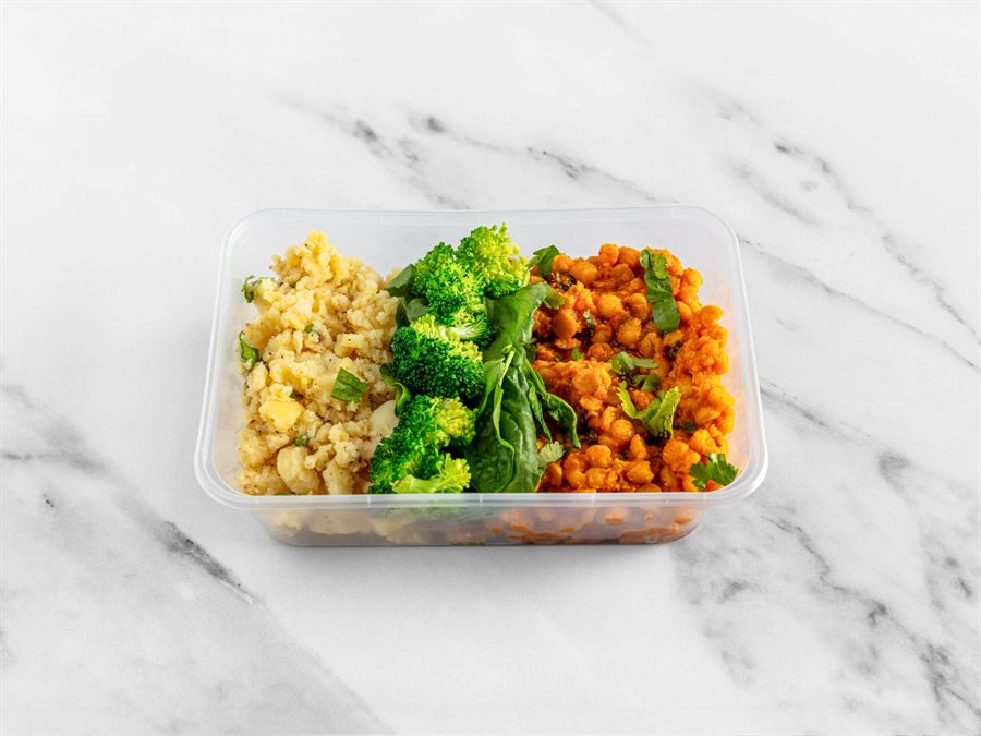 Chana dal lentil curry with white creamy mash, broccoli and spinach